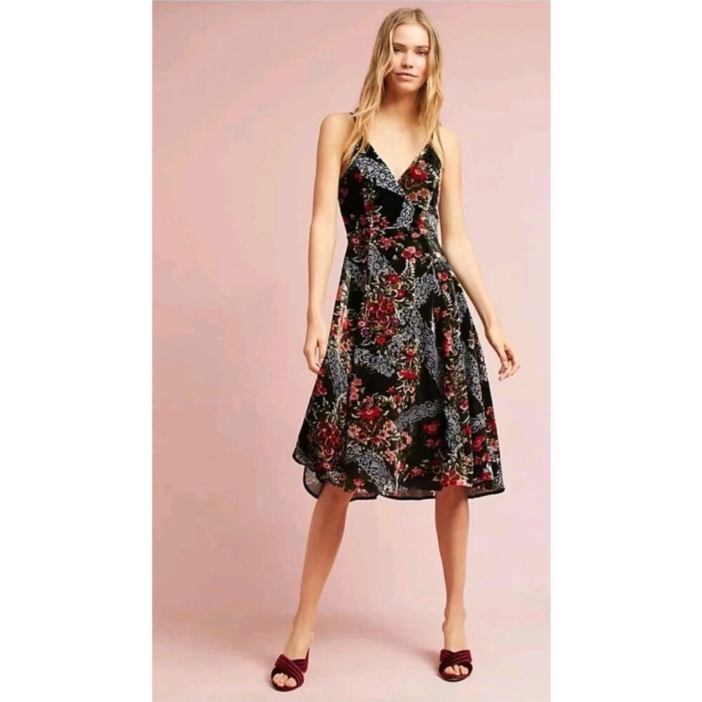 Anthropologie Eri And Ali Kora Colorful Floral Velvet Burnout Slip Dress US 4
